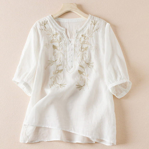 Buddha Stones Flower Leaf Embroidery Design Women's Cotton Linen Short Sleeve Shirt