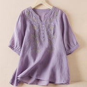 Buddha Stones Flower Leaf Embroidery Design Women's Cotton Linen Short Sleeve Shirt
