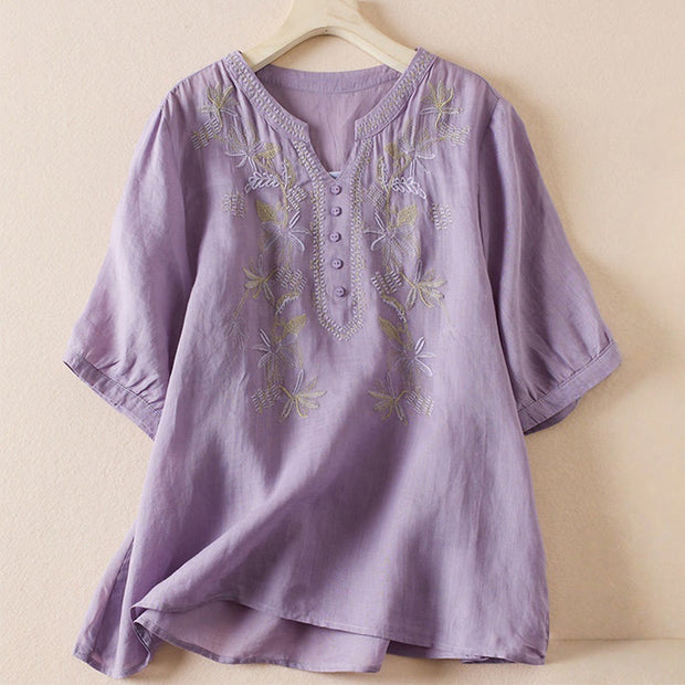 Buddha Stones Flower Leaf Embroidery Design Women's Cotton Linen Short Sleeve Shirt