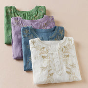 Buddha Stones Flower Leaf Embroidery Design Women's Cotton Linen Short Sleeve Shirt