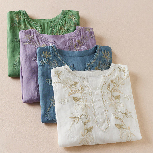 Buddha Stones Flower Leaf Embroidery Design Women's Cotton Linen Short Sleeve Shirt