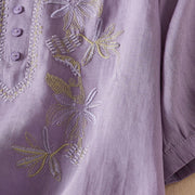 Buddha Stones Flower Leaf Embroidery Design Women's Cotton Linen Short Sleeve Shirt