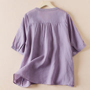 Buddha Stones Flower Leaf Embroidery Design Women's Cotton Linen Short Sleeve Shirt