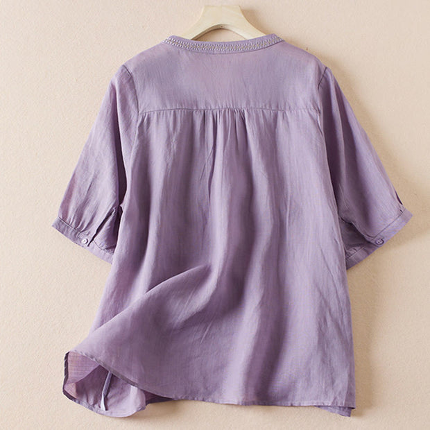 Buddha Stones Flower Leaf Embroidery Design Women's Cotton Linen Short Sleeve Shirt