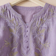 Buddha Stones Flower Leaf Embroidery Design Women's Cotton Linen Short Sleeve Shirt