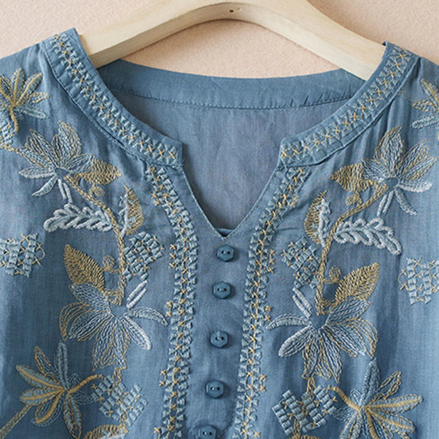 Buddha Stones Flower Leaf Embroidery Design Women's Cotton Linen Short Sleeve Shirt