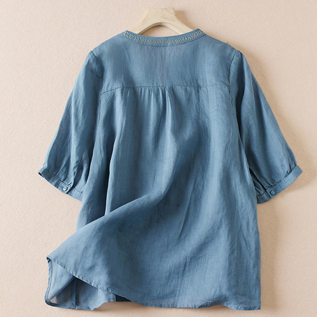 Buddha Stones Flower Leaf Embroidery Design Women's Cotton Linen Short Sleeve Shirt