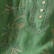 Buddha Stones Flower Leaf Embroidery Design Women's Cotton Linen Short Sleeve Shirt