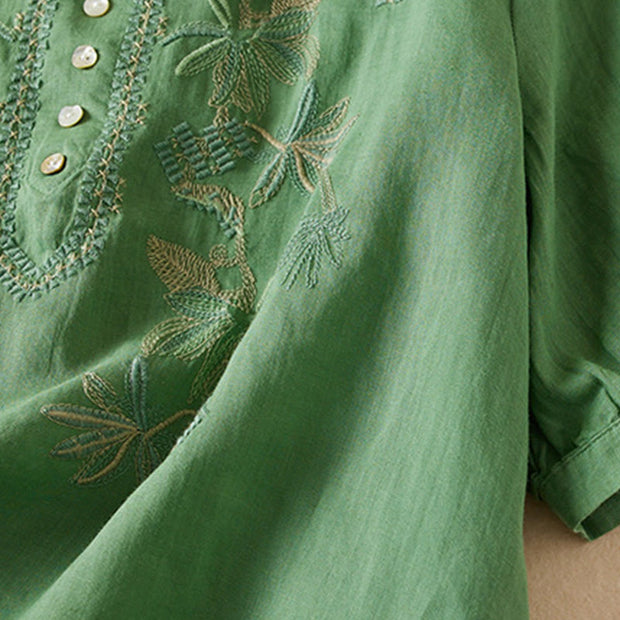 Buddha Stones Flower Leaf Embroidery Design Women's Cotton Linen Short Sleeve Shirt