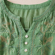 Buddha Stones Flower Leaf Embroidery Design Women's Cotton Linen Short Sleeve Shirt