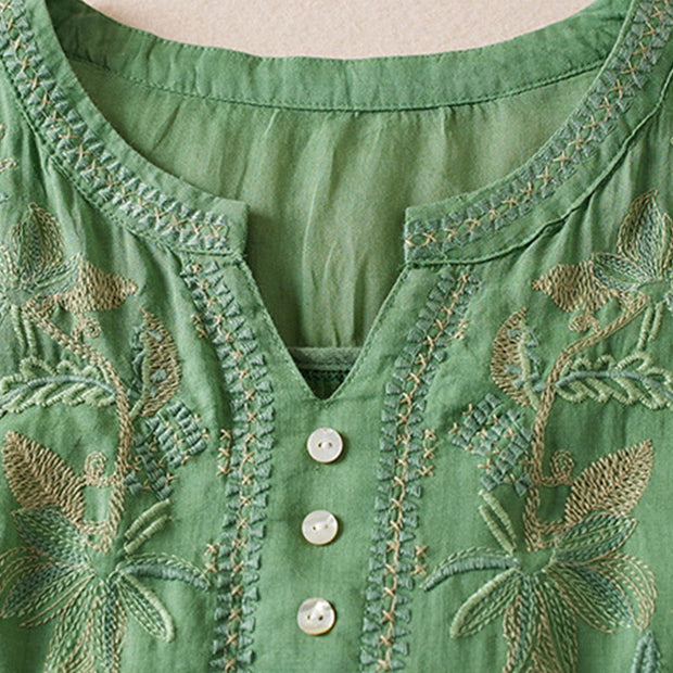 Buddha Stones Flower Leaf Embroidery Design Women's Cotton Linen Short Sleeve Shirt