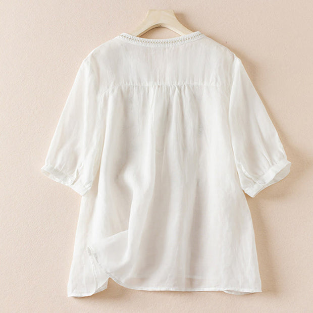 Buddha Stones Flower Leaf Embroidery Design Women's Cotton Linen Short Sleeve Shirt