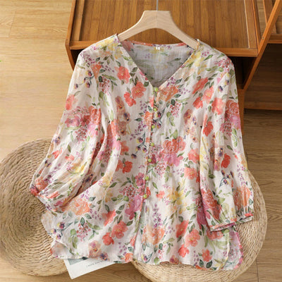 Buddha Stones V-Neck Red Flowers Green Leaves Design Women's Three Quarter Sleeve Shirt