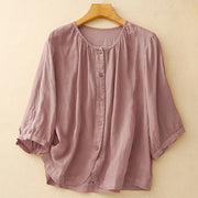 Buddha Stones Plain Button Crew Neck Design Women's Cotton blend Three Quarter Sleeve Shirt