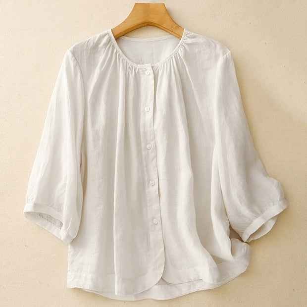 Buddha Stones Plain Button Crew Neck Design Women's Cotton blend Three Quarter Sleeve Shirt