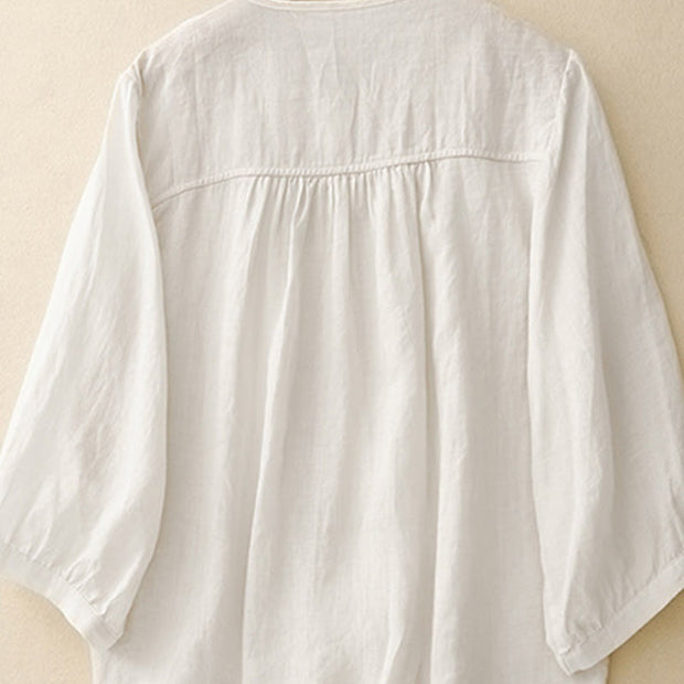 Buddha Stones Plain Button Crew Neck Design Women's Cotton blend Three Quarter Sleeve Shirt
