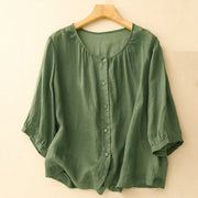 Buddha Stones Plain Button Crew Neck Design Women's Cotton blend Three Quarter Sleeve Shirt