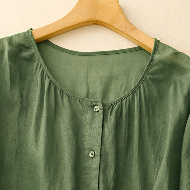 Buddha Stones Plain Button Crew Neck Design Women's Cotton blend Three Quarter Sleeve Shirt