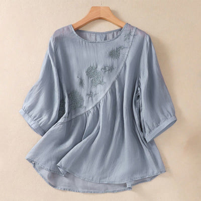 Buddha Stones Embroiderd Flower Crew Neck Design Women's Cotton Linen Half Sleeve Shirt