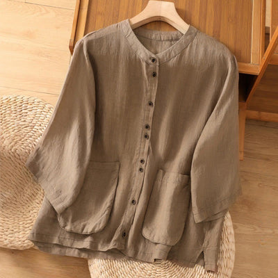 Buddha Stones Plain V-Neck Design Women's Cotton Linen Three Quarter Sleeve Shirt With Pockets