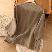 Buddha Stones Plain V-Neck Design Women's Cotton Linen Three Quarter Sleeve Shirt With Pockets