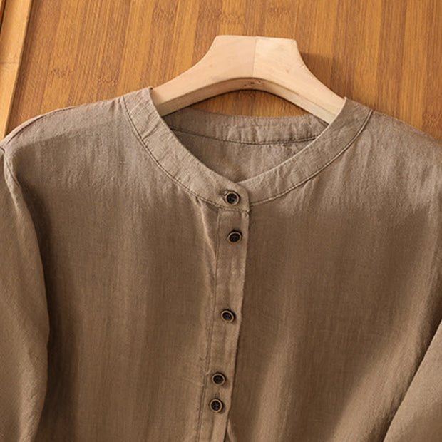 Buddha Stones Plain V-Neck Design Women's Cotton Linen Three Quarter Sleeve Shirt With Pockets