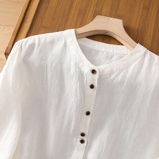 Buddha Stones Plain V-Neck Design Women's Cotton Linen Three Quarter Sleeve Shirt With Pockets