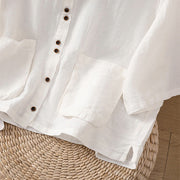 Buddha Stones Plain V-Neck Design Women's Cotton Linen Three Quarter Sleeve Shirt With Pockets