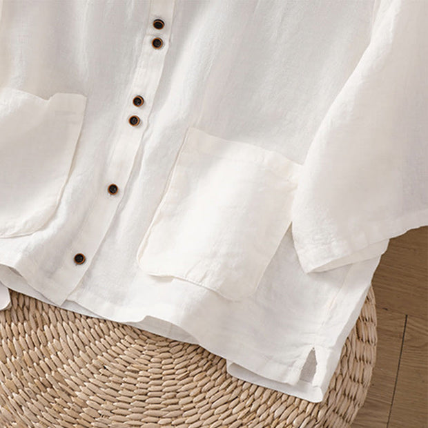 Buddha Stones Plain V-Neck Design Women's Cotton Linen Three Quarter Sleeve Shirt With Pockets
