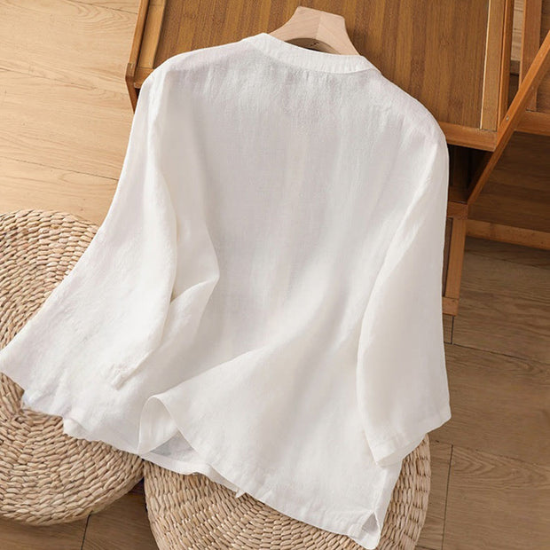 Buddha Stones Plain V-Neck Design Women's Cotton Linen Three Quarter Sleeve Shirt With Pockets