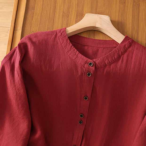 Buddha Stones Plain V-Neck Design Women's Cotton Linen Three Quarter Sleeve Shirt With Pockets
