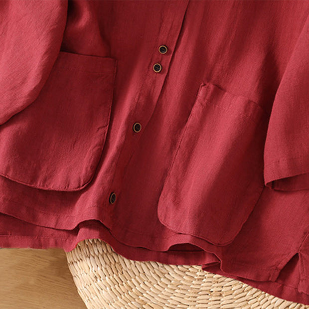 Buddha Stones Plain V-Neck Design Women's Cotton Linen Three Quarter Sleeve Shirt With Pockets