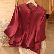 Buddha Stones Plain V-Neck Design Women's Cotton Linen Three Quarter Sleeve Shirt With Pockets