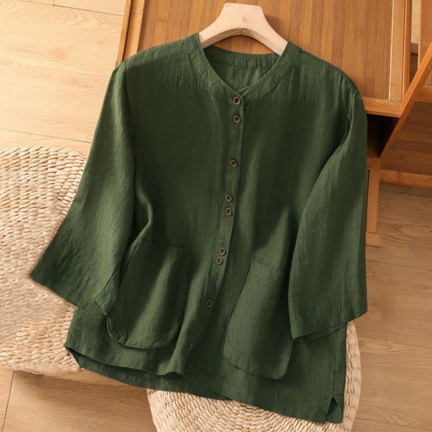 Buddha Stones Plain V-Neck Design Women's Cotton Linen Three Quarter Sleeve Shirt With Pockets