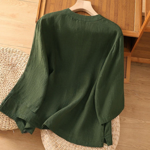 Buddha Stones Plain V-Neck Design Women's Cotton Linen Three Quarter Sleeve Shirt With Pockets