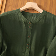 Buddha Stones Plain V-Neck Design Women's Cotton Linen Three Quarter Sleeve Shirt With Pockets