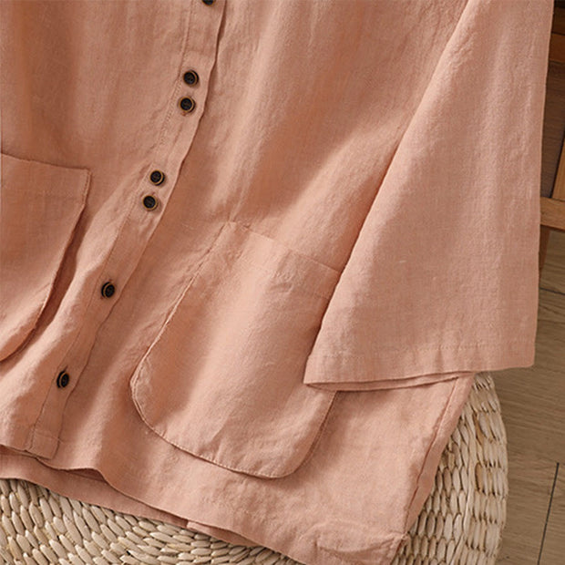Buddha Stones Plain V-Neck Design Women's Cotton Linen Three Quarter Sleeve Shirt With Pockets