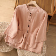 Buddha Stones Plain V-Neck Design Women's Cotton Linen Three Quarter Sleeve Shirt With Pockets