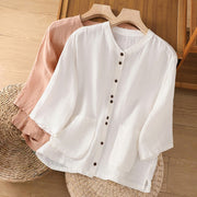 Buddha Stones Plain V-Neck Design Women's Cotton Linen Three Quarter Sleeve Shirt With Pockets