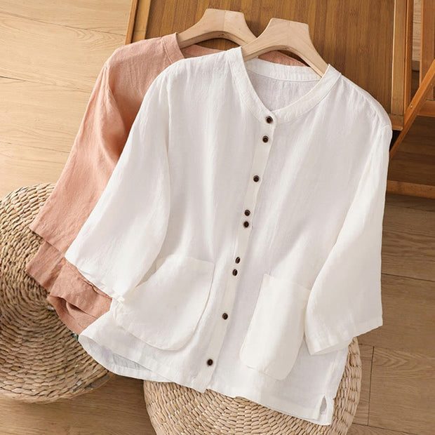 Buddha Stones Plain V-Neck Design Women's Cotton Linen Three Quarter Sleeve Shirt With Pockets