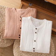 Buddha Stones Plain V-Neck Design Women's Cotton Linen Three Quarter Sleeve Shirt With Pockets