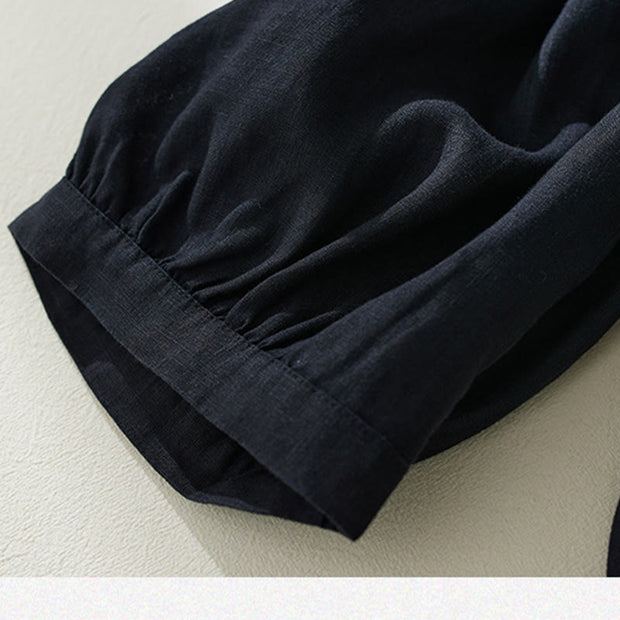Buddha Stones Commute Pure Color High Waist Women's Cotton Linen Harem Cropped Pants With Pockets