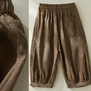 Buddha Stones Commute Pure Color High Waist Women's Cotton Linen Harem Cropped Pants With Pockets