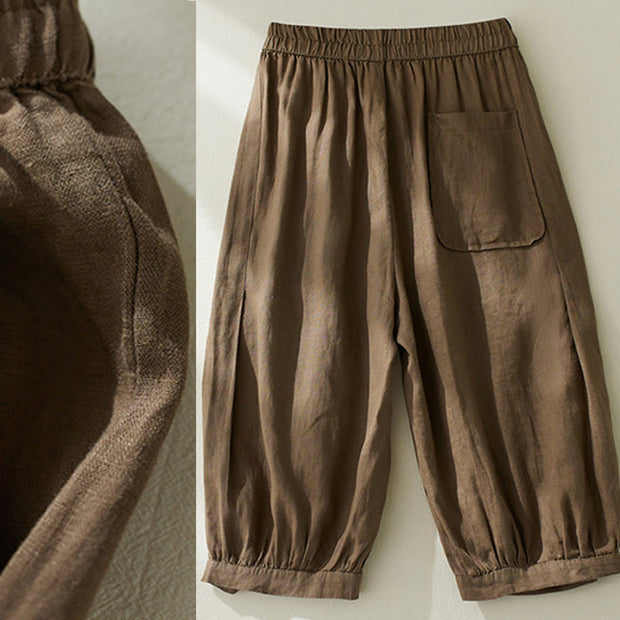 Buddha Stones Commute Pure Color High Waist Women's Cotton Linen Harem Cropped Pants With Pockets