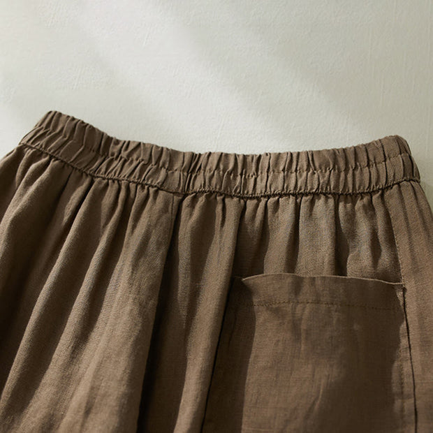 Buddha Stones Commute Pure Color High Waist Women's Cotton Linen Harem Cropped Pants With Pockets