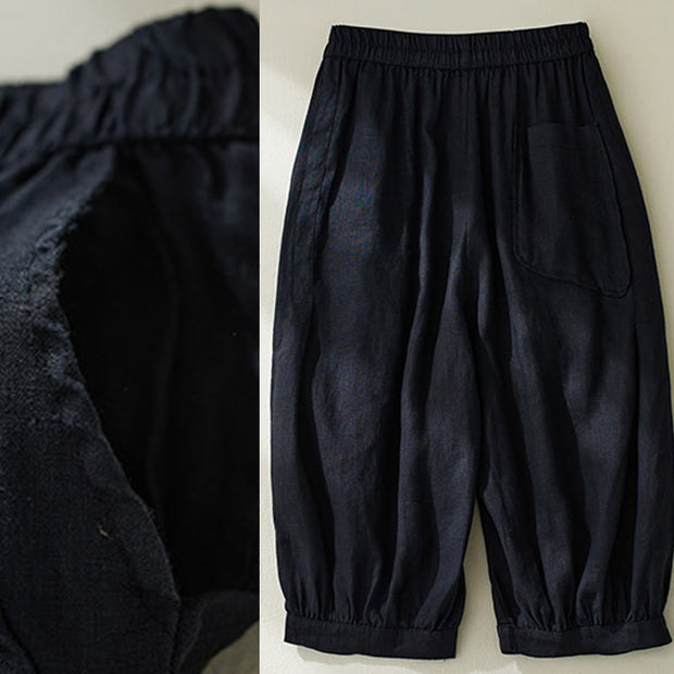 Buddha Stones Commute Pure Color High Waist Women's Cotton Linen Harem Cropped Pants With Pockets