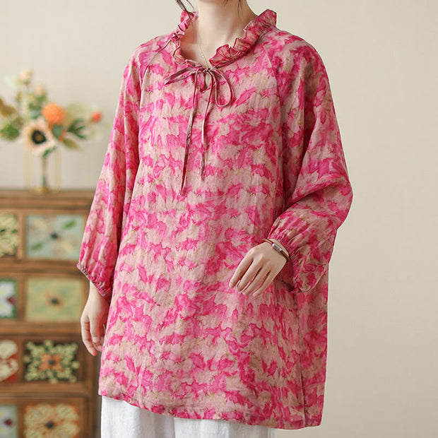 Buddha Stones Floral Leaves Lace-up Design Women's Cotton Linen Long Sleeve Shirt