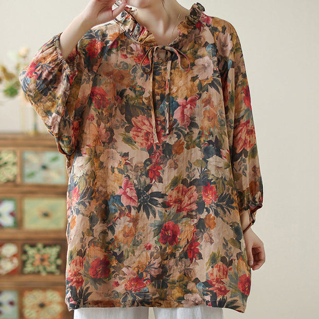 Buddha Stones Floral Leaves Lace-up Design Women's Cotton Linen Long Sleeve Shirt