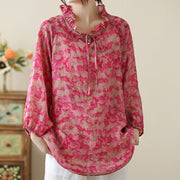 Buddha Stones Floral Leaves Lace-up Design Women's Cotton Linen Long Sleeve Shirt