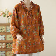 Buddha Stones Floral Leaves Lace-up Design Women's Cotton Linen Long Sleeve Shirt